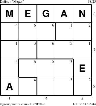 The grouppuzzles.com Difficult Megan puzzle for Tuesday October 20, 2026, suitable for printing, with all 6 steps marked
