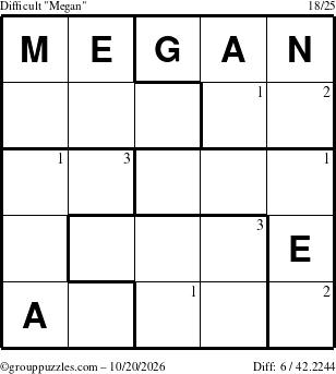 The grouppuzzles.com Difficult Megan puzzle for Tuesday October 20, 2026 with the first 3 steps marked
