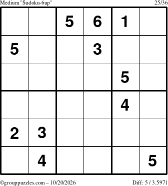 The grouppuzzles.com Medium Sudoku-6up puzzle for Tuesday October 20, 2026