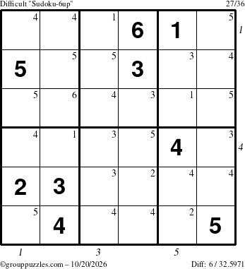 The grouppuzzles.com Difficult Sudoku-6up puzzle for Tuesday October 20, 2026, suitable for printing, with all 6 steps marked