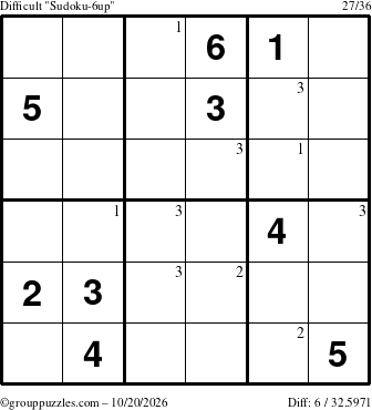 The grouppuzzles.com Difficult Sudoku-6up puzzle for Tuesday October 20, 2026 with the first 3 steps marked