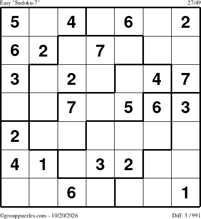 The grouppuzzles.com Easy Sudoku-7 puzzle for Tuesday October 20, 2026
