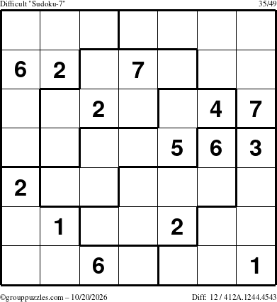 The grouppuzzles.com Difficult Sudoku-7 puzzle for Tuesday October 20, 2026