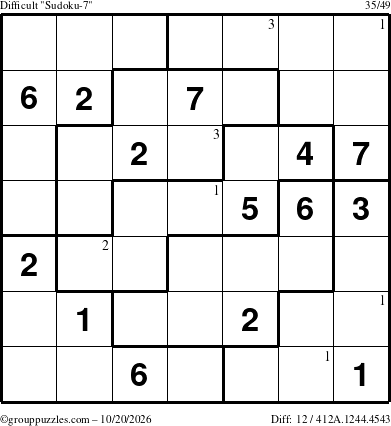 The grouppuzzles.com Difficult Sudoku-7 puzzle for Tuesday October 20, 2026 with the first 3 steps marked