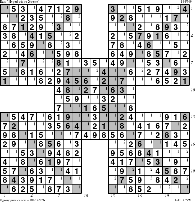 The grouppuzzles.com Easy HyperSudoku-Xtreme puzzle for Tuesday October 20, 2026, suitable for printing, with all 3 steps marked