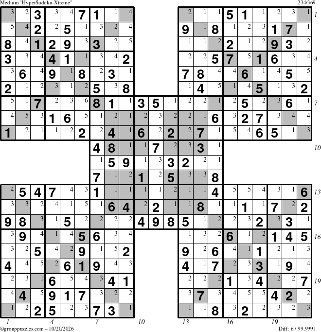 The grouppuzzles.com Medium HyperSudoku-Xtreme puzzle for Tuesday October 20, 2026 with all 6 steps marked