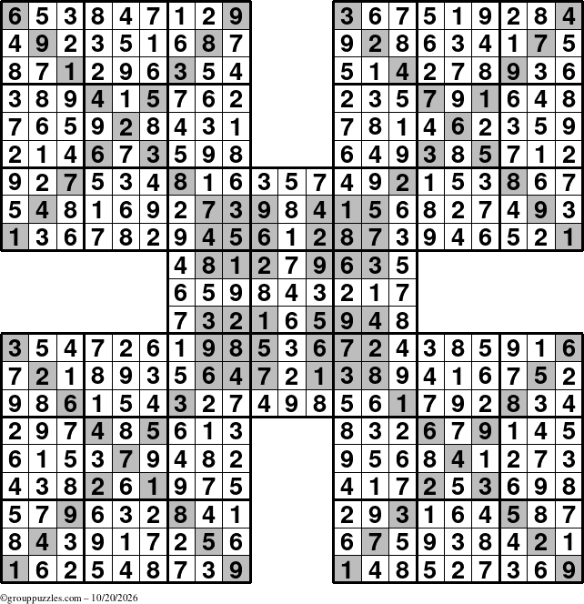 The grouppuzzles.com Answer grid for the HyperSudoku-Xtreme puzzle for Tuesday October 20, 2026