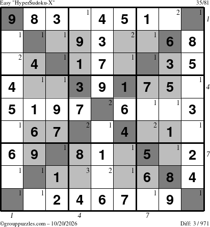 The grouppuzzles.com Easy HyperSudoku-X puzzle for Tuesday October 20, 2026, suitable for printing, with all 3 steps marked