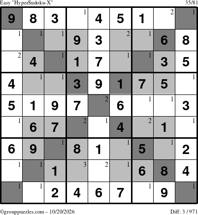 The grouppuzzles.com Easy HyperSudoku-X puzzle for Tuesday October 20, 2026 with the first 3 steps marked