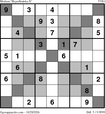 The grouppuzzles.com Medium HyperSudoku-X puzzle for Tuesday October 20, 2026