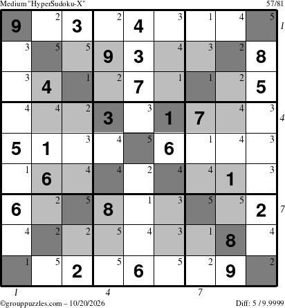 The grouppuzzles.com Medium HyperSudoku-X puzzle for Tuesday October 20, 2026, suitable for printing, with all 5 steps marked