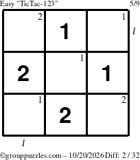 The grouppuzzles.com Easy TicTac-123 puzzle for Tuesday October 20, 2026, suitable for printing, with all 2 steps marked