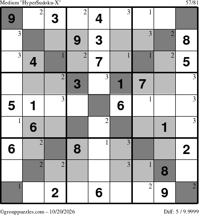 The grouppuzzles.com Medium HyperSudoku-X puzzle for Tuesday October 20, 2026 with the first 3 steps marked