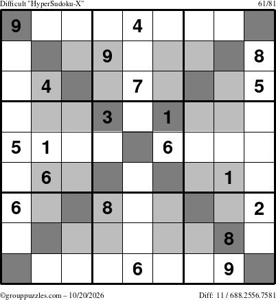 The grouppuzzles.com Difficult HyperSudoku-X puzzle for Tuesday October 20, 2026