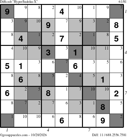 The grouppuzzles.com Difficult HyperSudoku-X puzzle for Tuesday October 20, 2026 with all 11 steps marked