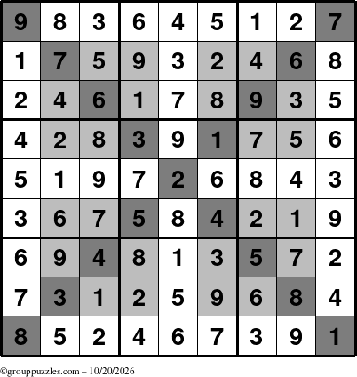 The grouppuzzles.com Answer grid for the HyperSudoku-X puzzle for Tuesday October 20, 2026