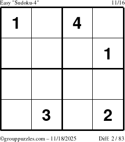 The grouppuzzles.com Easy Sudoku-4 puzzle for Tuesday November 18, 2025