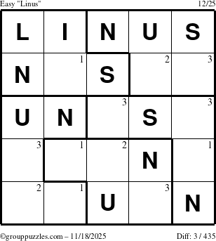 The grouppuzzles.com Easy Linus puzzle for Tuesday November 18, 2025 with the first 3 steps marked