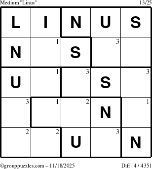 The grouppuzzles.com Medium Linus puzzle for Tuesday November 18, 2025 with the first 3 steps marked