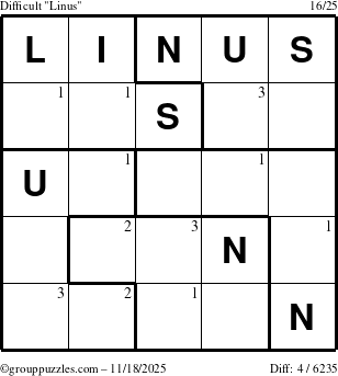 The grouppuzzles.com Difficult Linus puzzle for Tuesday November 18, 2025 with the first 3 steps marked