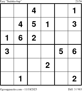 The grouppuzzles.com Easy Sudoku-6up puzzle for Tuesday November 18, 2025