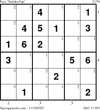 The grouppuzzles.com Easy Sudoku-6up puzzle for Tuesday November 18, 2025 with all 3 steps marked