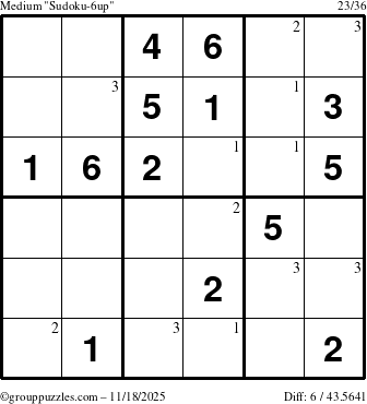 The grouppuzzles.com Medium Sudoku-6up puzzle for Tuesday November 18, 2025 with the first 3 steps marked