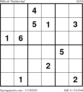 The grouppuzzles.com Difficult Sudoku-6up puzzle for Tuesday November 18, 2025