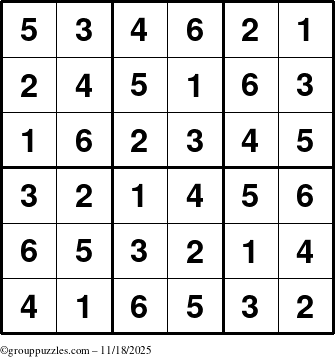 The grouppuzzles.com Answer grid for the Sudoku-6up puzzle for Tuesday November 18, 2025