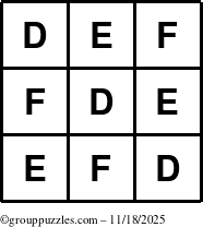 The grouppuzzles.com Answer grid for the TicTac-DEF puzzle for Tuesday November 18, 2025