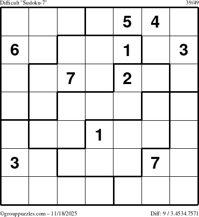 The grouppuzzles.com Difficult Sudoku-7 puzzle for Tuesday November 18, 2025