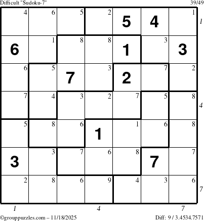 The grouppuzzles.com Difficult Sudoku-7 puzzle for Tuesday November 18, 2025, suitable for printing, with all 9 steps marked