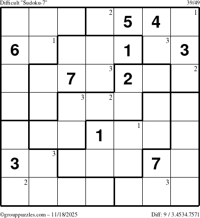 The grouppuzzles.com Difficult Sudoku-7 puzzle for Tuesday November 18, 2025 with the first 3 steps marked