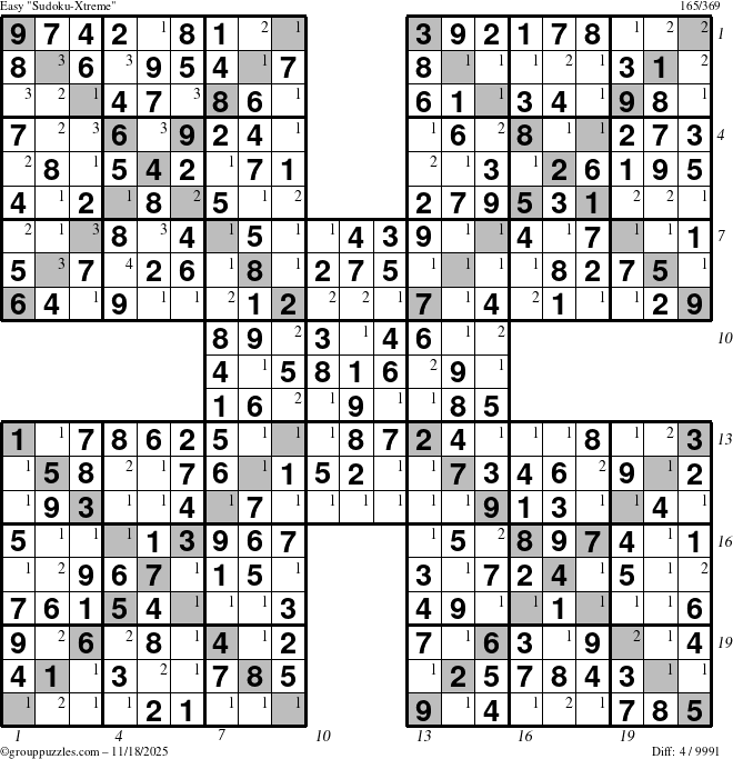 The grouppuzzles.com Easy Sudoku-Xtreme puzzle for Tuesday November 18, 2025, suitable for printing, with all 4 steps marked