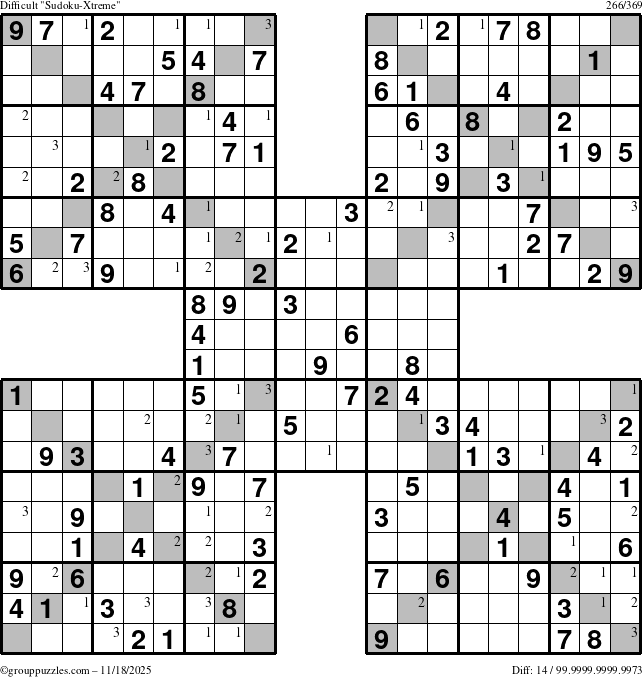 The grouppuzzles.com Difficult Sudoku-Xtreme puzzle for Tuesday November 18, 2025 with the first 3 steps marked