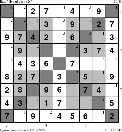 The grouppuzzles.com Easy HyperSudoku-X puzzle for Tuesday November 18, 2025 with all 4 steps marked