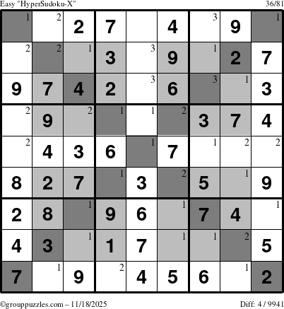 The grouppuzzles.com Easy HyperSudoku-X puzzle for Tuesday November 18, 2025 with the first 3 steps marked