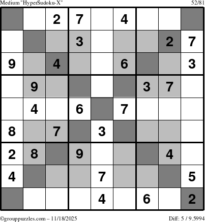 The grouppuzzles.com Medium HyperSudoku-X puzzle for Tuesday November 18, 2025