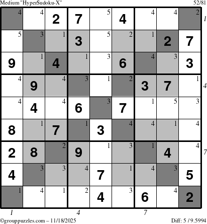 The grouppuzzles.com Medium HyperSudoku-X puzzle for Tuesday November 18, 2025, suitable for printing, with all 5 steps marked