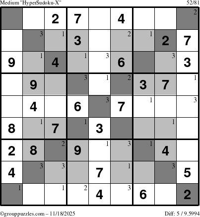 The grouppuzzles.com Medium HyperSudoku-X puzzle for Tuesday November 18, 2025 with the first 3 steps marked