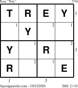 The grouppuzzles.com Easy Trey puzzle for Friday October 23, 2026 with all 2 steps marked