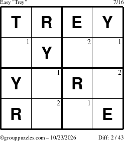 The grouppuzzles.com Easy Trey puzzle for Friday October 23, 2026 with the first 2 steps marked