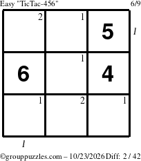 The grouppuzzles.com Easy TicTac-456 puzzle for Friday October 23, 2026 with all 2 steps marked