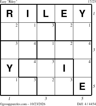 The grouppuzzles.com Easy Riley puzzle for Friday October 23, 2026 with all 4 steps marked