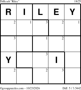 The grouppuzzles.com Difficult Riley puzzle for Friday October 23, 2026 with the first 3 steps marked