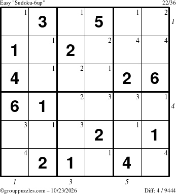 The grouppuzzles.com Easy Sudoku-6up puzzle for Friday October 23, 2026, suitable for printing, with all 4 steps marked