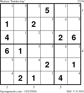 The grouppuzzles.com Medium Sudoku-6up puzzle for Friday October 23, 2026 with all 5 steps marked