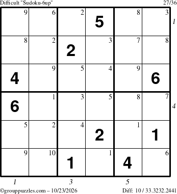 The grouppuzzles.com Difficult Sudoku-6up puzzle for Friday October 23, 2026, suitable for printing, with all 10 steps marked