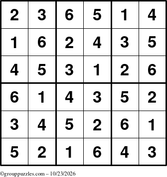 The grouppuzzles.com Answer grid for the Sudoku-6up puzzle for Friday October 23, 2026