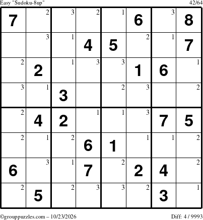 The grouppuzzles.com Easy Sudoku-8up puzzle for Friday October 23, 2026 with the first 3 steps marked